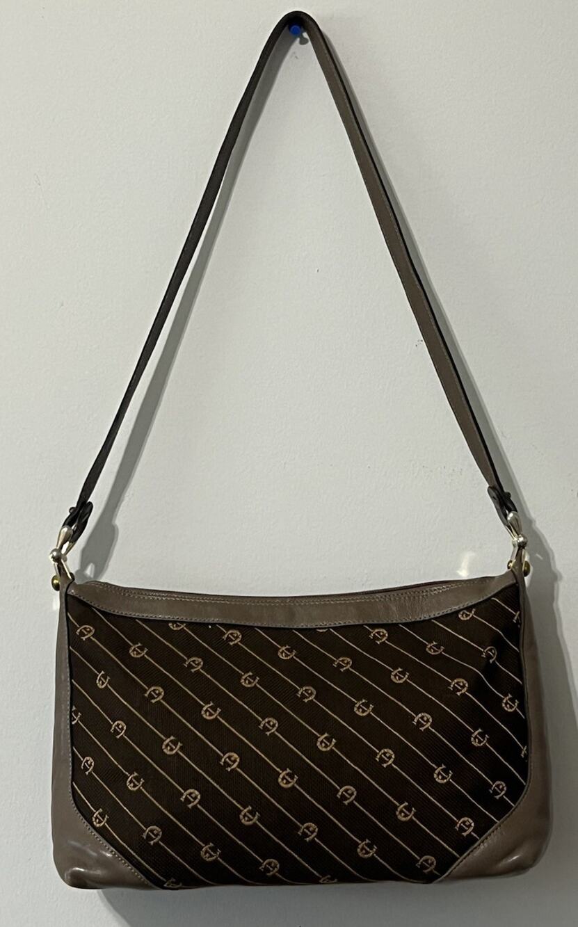 Etienne Aigner Vintage Horseshoe Monogram Canvas Leather Shoulder Bag Brown Tan